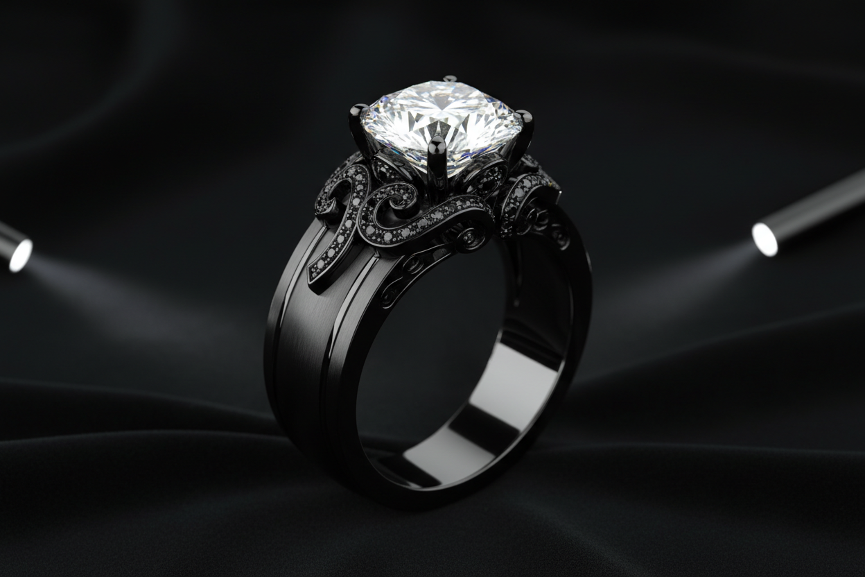 engagement diamond ring with black theme 